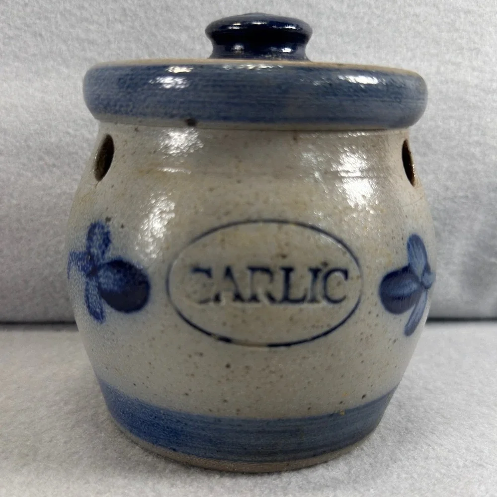 Vintage Rowe Pottery Works Garlic Keeper 1991 Grey Blue Salt Glaze Stoneware